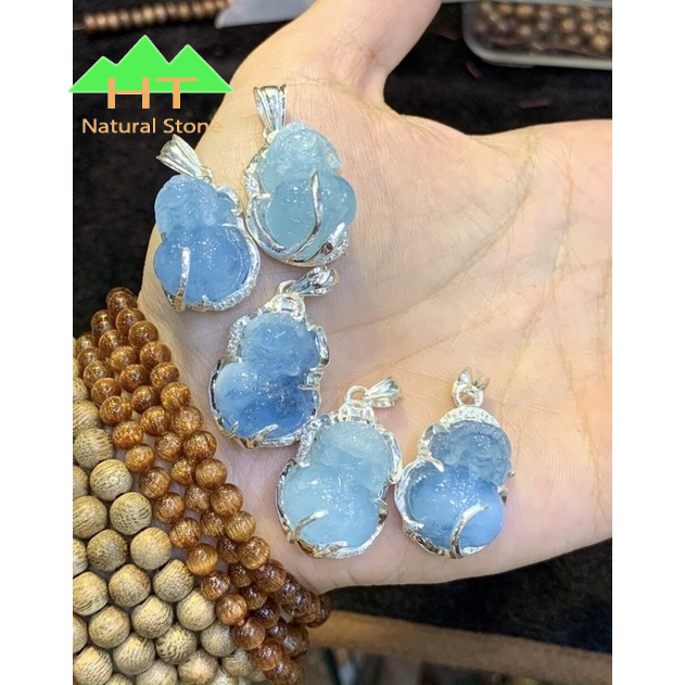 Mặt dây chuyền đeo cổ Tì Hưu Thiên Lộc đá Aqua đã bọc bạc