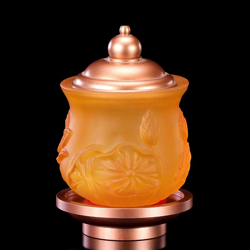 Bộ Thờ Cúng Bình , Lư , Dĩa, Chun , Án Thủy Tinh Lưu Ly Vàng Phối Đồng Cao Cấp - Phật Giáo Tường Thuận