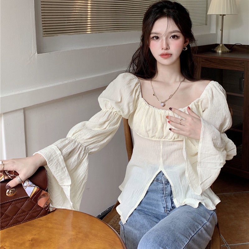 Áo Kiểu Pháp Cổ Vuông Tay Dài Loe Xếp Ly Thời Trang Mùa Thu Hàng Mới 2023