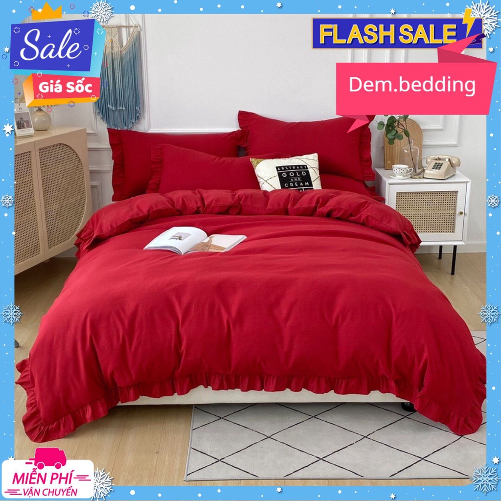 Bộ Chăn Ga Gối Cotton Tici Viền Bèo,Đủ kích thước-MÀU ĐỎ