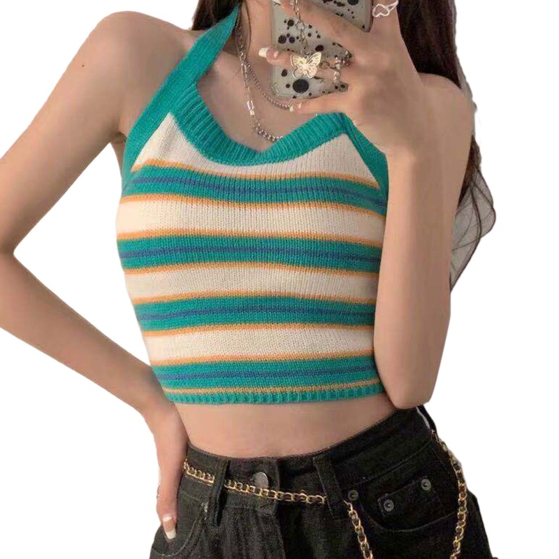 Áo Croptop Dệt Kim Hở Lưng Dáng Ôm Họa Tiết Kẻ Sọc Màu Tương Phản Thời Trang Mùa Hè Quyến Rũ Cho Nữ