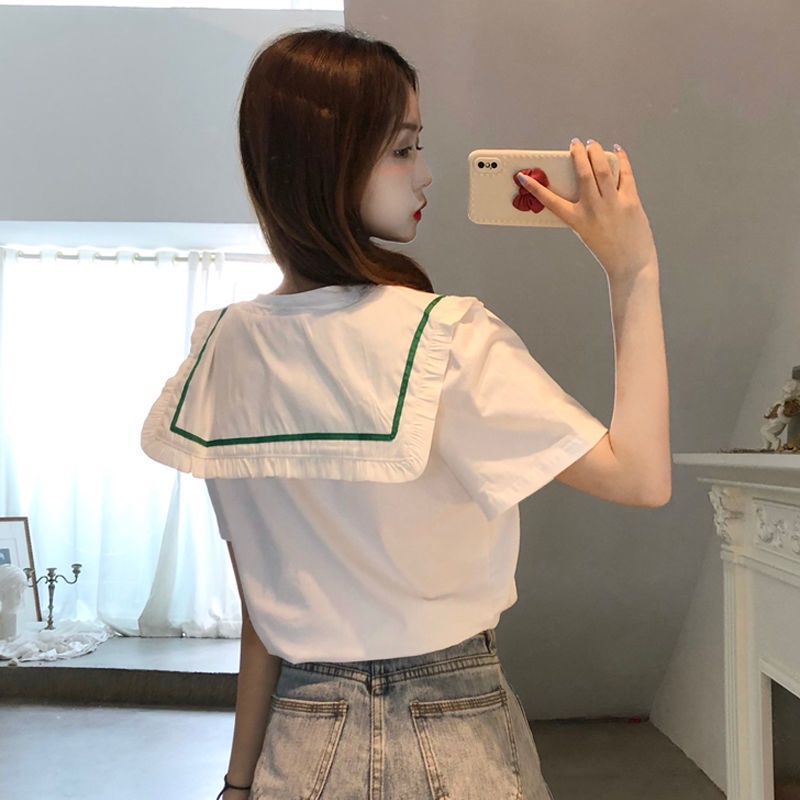 Áo thun tay ngắn cổ búp bê phong cách Hàn Quốc