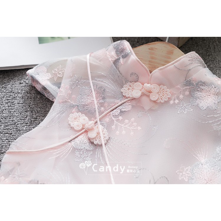 Váy công chúa cổ tàu thêu hoa dành cho bé gái 14-32kg DCC02