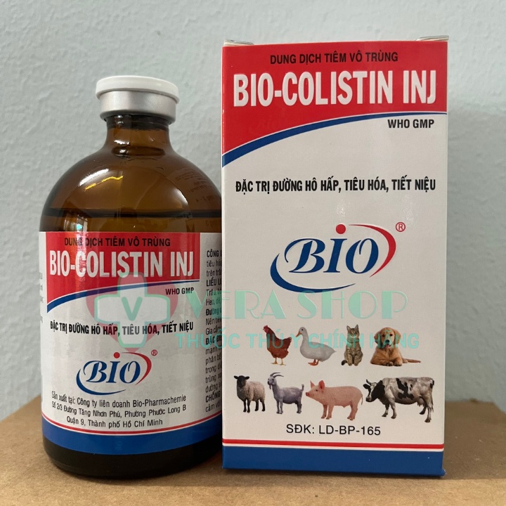 BIO COLISTIN INJ 100ML - Hô hấp, tiêu hóa, tiết niệu,  sưng mắt, phù thủng cho trâu, bò, dê