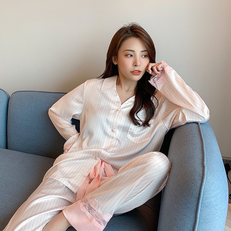 Bộ Đồ Ngủ Pijama Tay Dài Phối Ren Họa Tiết Kẻ Sọc Ngọt Ngào Thời Trang Xuân Thu Cho Nữ