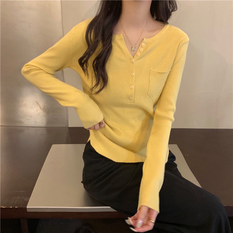 SUA006 Áo thun body túi ngực cài khuy đen trắng vàng Ulzzang Phông dáng ôm sexy basic Hàn Quốc đơn giản đi học đẹp cute