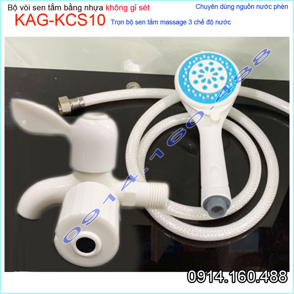 Vòi sen lạnh KAG-KCS10 nhựa Shower head, trọn bộ sen lạnh nhựa 100% dùng vùng nước phèn không gỉ séc tia phun nước mạnh
