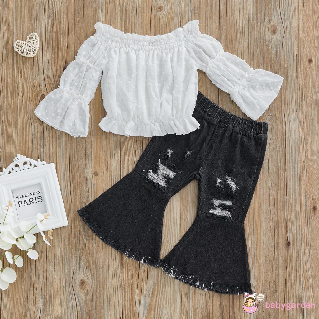 Bộ Áo Tay Dài Trễ Vai + Quần Jeans Rách Thời Trang Mùa Hè Cho Bé Gái 1-6 Tuổi