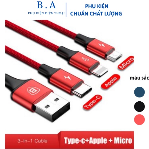 Cáp sạc Rapid tích hợp 3 đầu kết nối IP,micro,type C hỗ trợ sạc nhanh IP6,7,8,x,xs,11(Bảo hành 3 tháng 1 đổi 1)