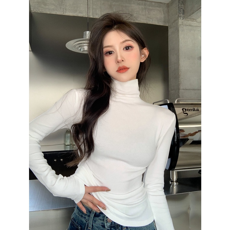 Áo Thun Tay Dài Cổ Lọ Màu Trơn Dáng Ôm Thời Trang Dành Cho Nữ