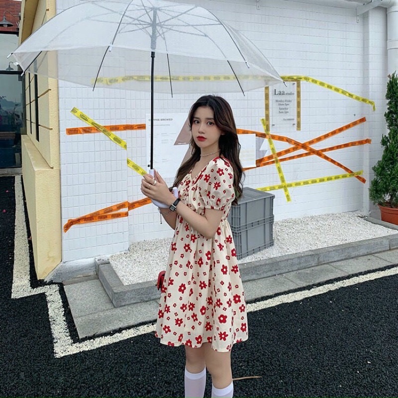 đầm fom ngắn bông lụa kiểu cổ v ngắn tay