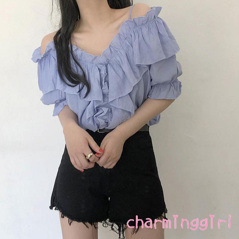 Áo Kiểu Trễ Vai Tay Ngắn Màu Trơn Thời Trang Mùa Hè Cho Nữ
