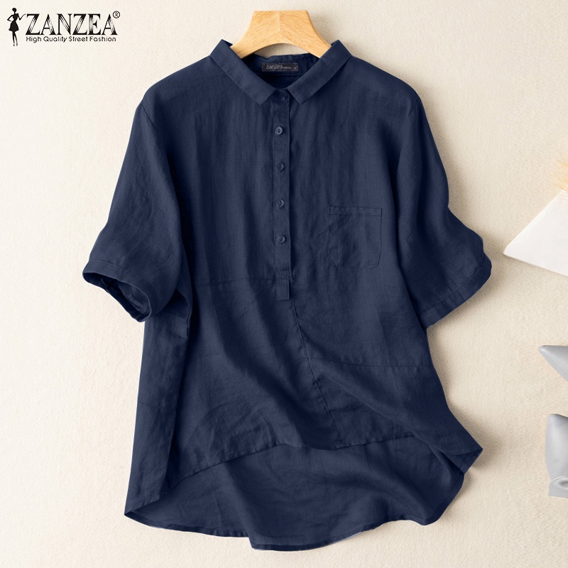 Zanzea Áo Sơ Mi Tay Dài Cổ Bẻ Màu Trơn Phong Cách Retro Dành Cho Nữ