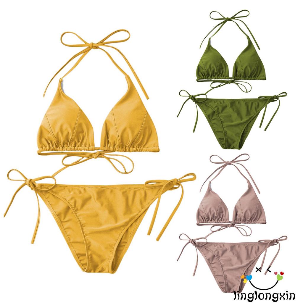 Bộ đồ bơi bikini cổ chữ V khoét sâu màu sắc đơn giản + quần lót cột dây cho nữ
 | BigBuy360 - bigbuy360.vn