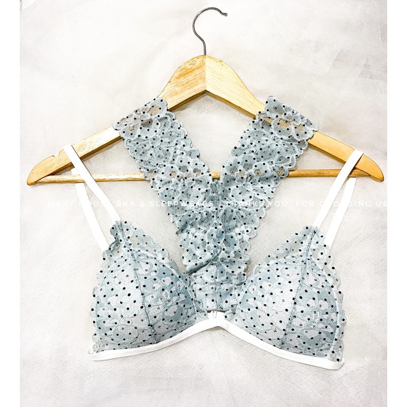 Set Bralette Ren Mút Ngực Quần Y Hoa Chấm Bi Xanh Cúp Nhỏ 32-34