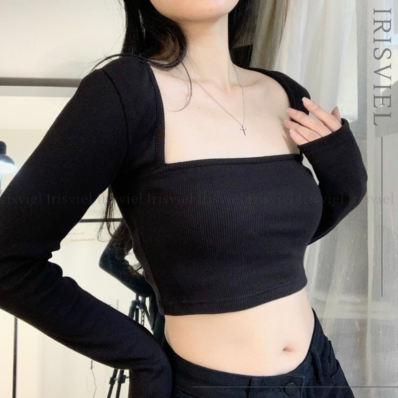 Áo Croptop Cổ Vuông Tay Dài, Áo Ctr Thun Body Chất Borip Nữ Tính Freesize IRISVIEL