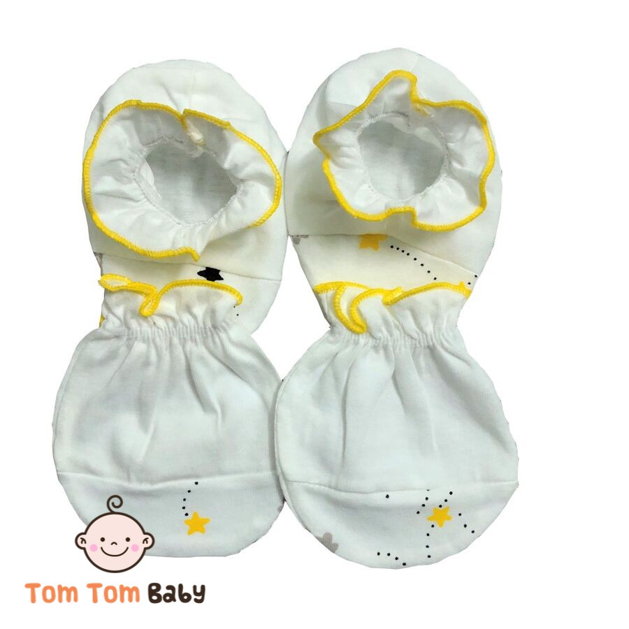 Bộ bao tay chân cotton sơ sinh họa tiết trắng JOU- chất vải rất đẹp