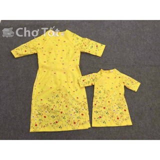 Áo dài mẹ con màu vàng (set áo, khăn, chân váy)