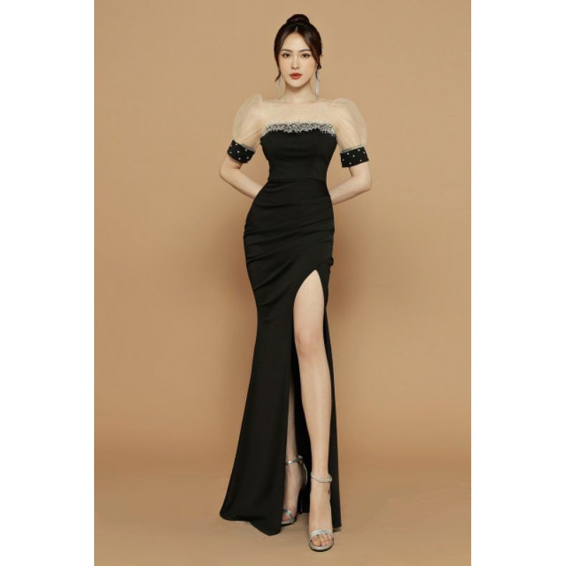 Đầm dạ hội đính ngọc phối lưới cao cấp  tặng hoa tai
