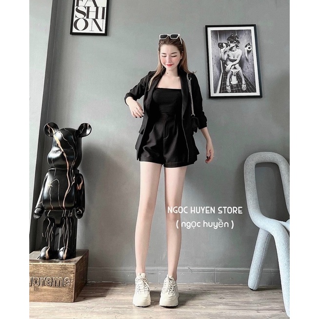 Sét bộ thời trang nữ mặc đi chơi chất for cổ vest kèm lót cotton mix quần đùi xinh