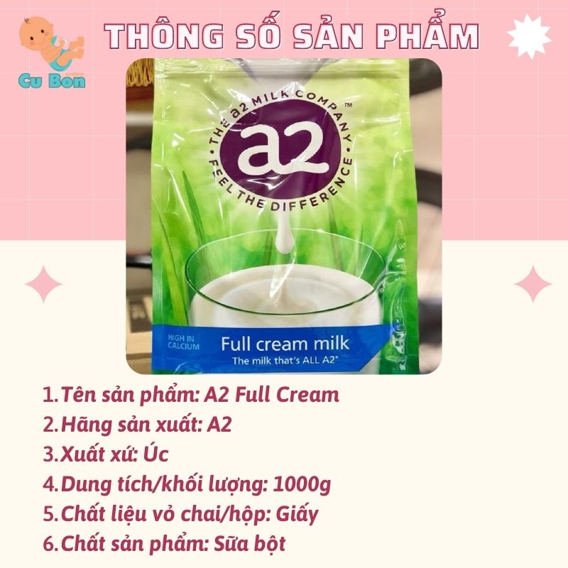 Sữa Tươi Dạng Bột A2 Full Cream Milk (1kg) Nguyên Kem - Úc