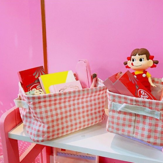 Giỏ đựng đồ bằng vải cotton lanh kẻ caro màu hồng dễ thương xinh xắn