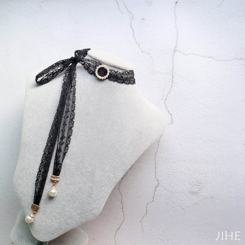 Vòng Cổ Choker Dây Dài Thắt Nơ Ren Đính Ngọc Trai Phong Cách Nhật Hàn Thời Trang