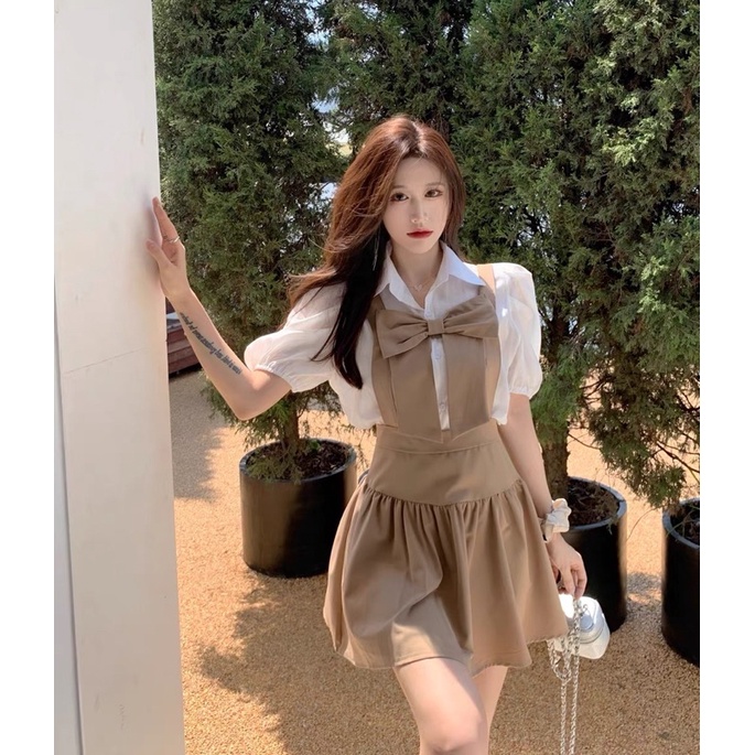 Váy Yếm Dài Ngang Đùi Xếp Ly Thắt Nơ Taobao