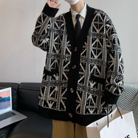 Áo khoác len cardigan sọc caro đen trắng dáng rộng cổ chữ v kiểu retro Hàn Quốc thanh lịch cho Hàn Quốc unisex nam