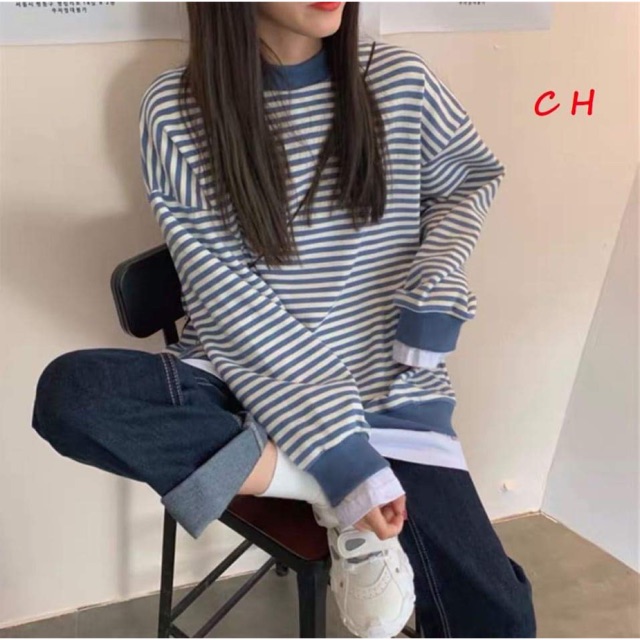 Áo kẻ ngang phối vạt trắng chất nỉ COH687