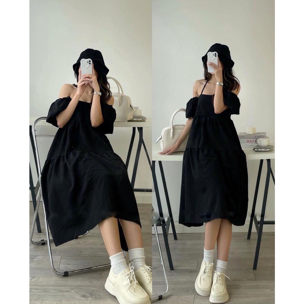 Váy Maxi 2 dây tay rời dáng babydoll chất đũi mặc được 4 kiểu phom suông màu đen xanh cốm trắng