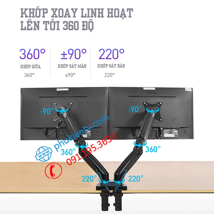 Giá treo màn hình F160 - Giá treo hai màn hình NB F160 17 - 27 inch gắn bàn / Model mới 2022 [ Ưu Việt Human Motion T2 ]