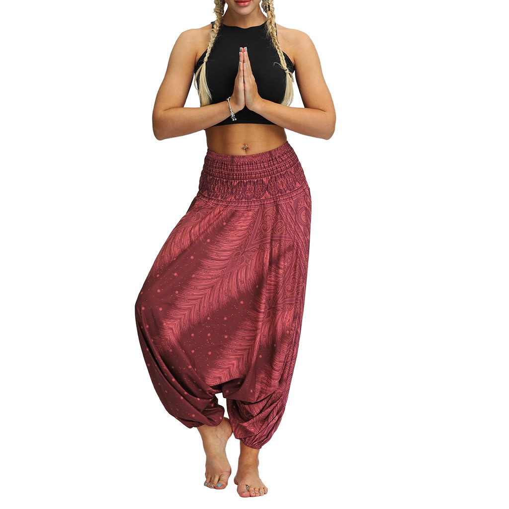 Quần tập Yoga nữ ống rộng lưng cao phong cách Boho