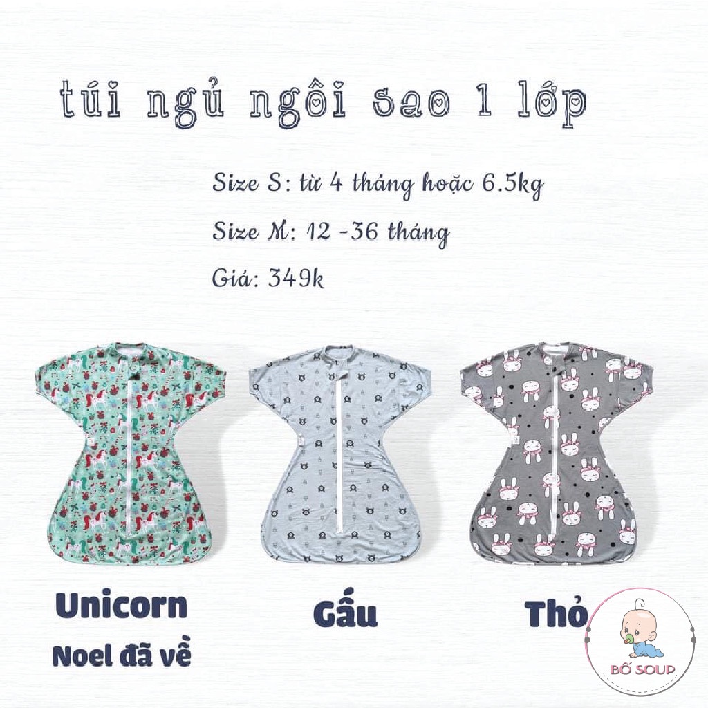 Túi ngủ cho bé chính hãng Chũn cocoon chất liệu cotton hình ngôi sao