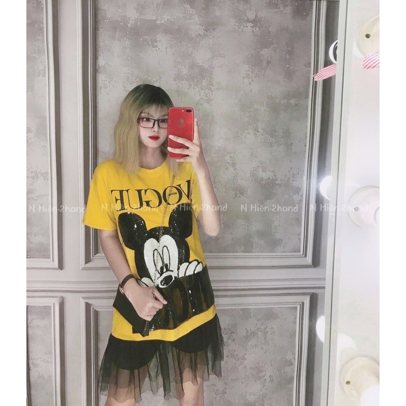 Đầm suông Mickey vàng kim sa phối chân lưới (ảnh chụp thật)