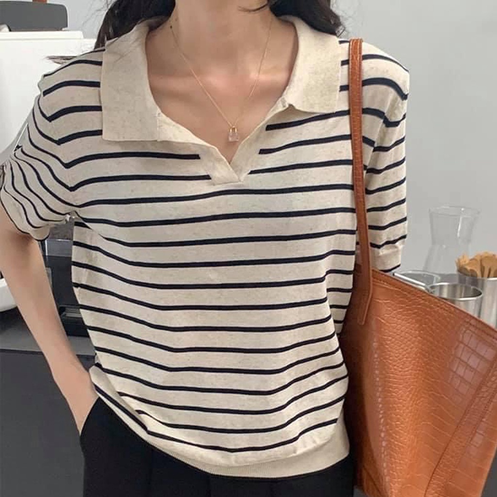 Áo croptop len cổ đức kẻ siêu xinh Ulzzang (hàng QCCC) - Ảnh thật cận chất
