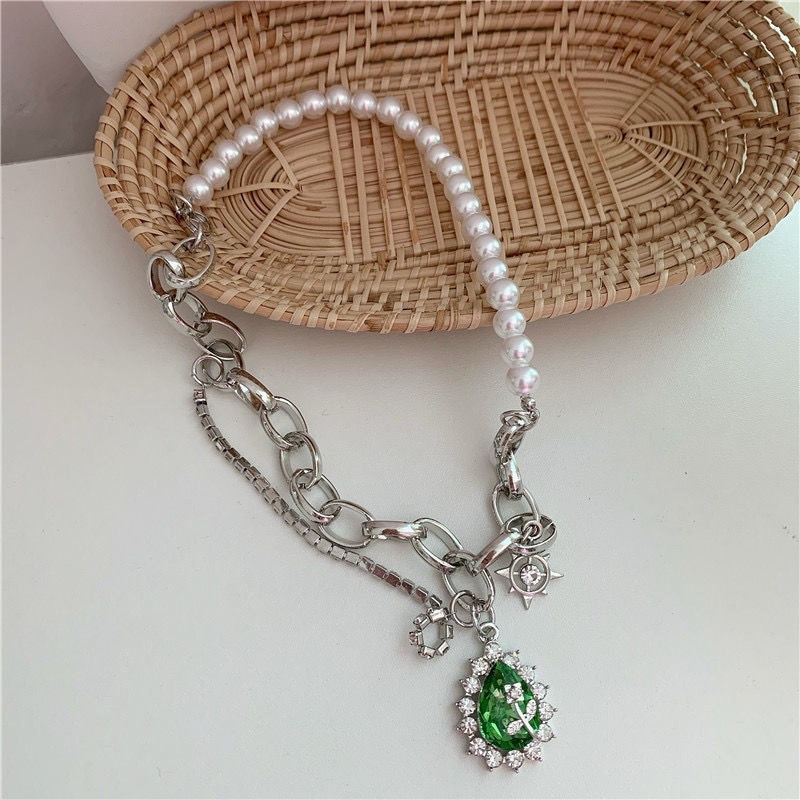 Choker Octo Vita charm đá xanh bọc hoa hồng cao cấp/ Dây chuyền nữ đính đá