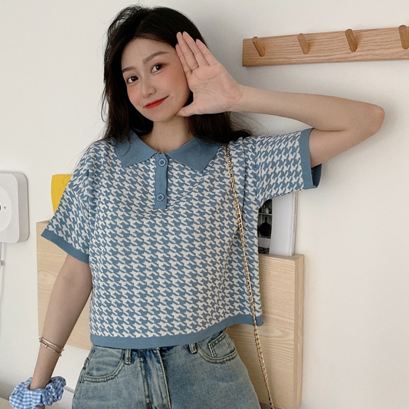 Áo dệt kim tay ngắn bâu sơ mi Áo croptop thun tay ngắn dáng rộng họa tiết kẻ ô nhiều màu thời trang Hàn Quốc cho nữ