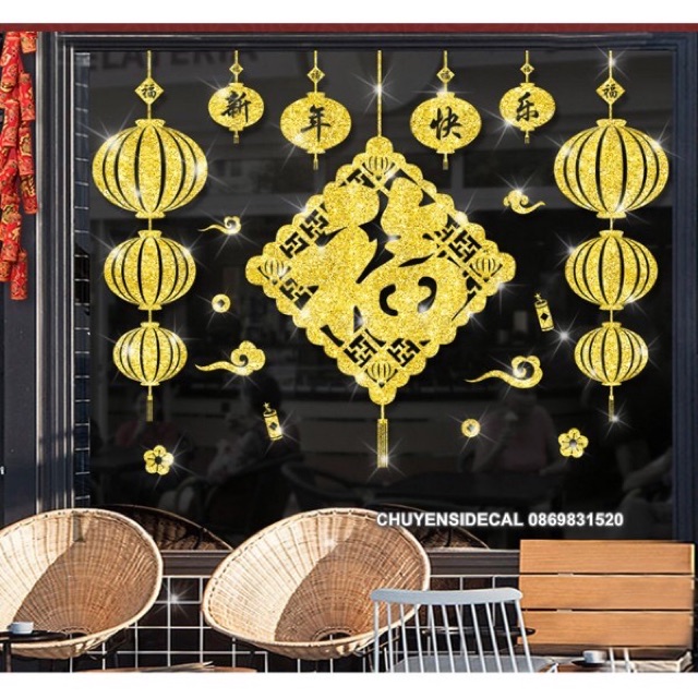 Decal dán Tết - Rèm Lồng đèn Bảng Vuông lớn nhũ