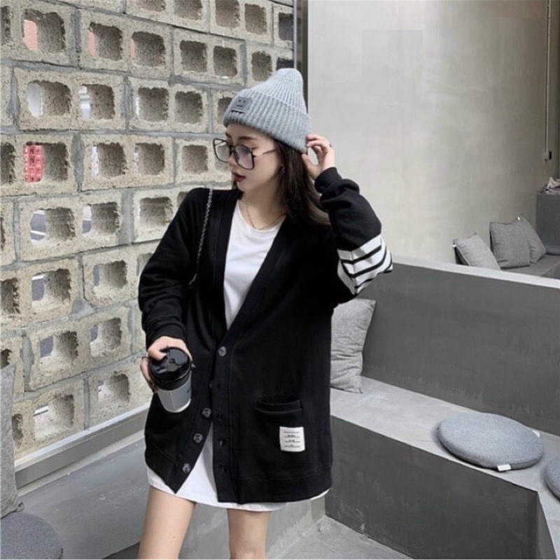 Ak020 Áo Cardigan nỉ Bóng Chày xám đen Hàn Quốc Siêu Xinh Cadigan thu đông nữ cài nút Dáng Rộng Tay Dài Cổ Chữ V
