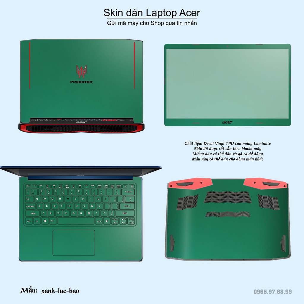 Skin dán Laptop Acer màu xanh lục bảo (inbox mã máy cho Shop)
