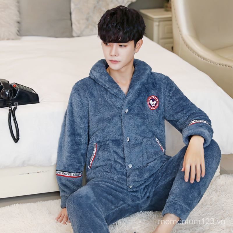 Bộ đồ ngủ mặc ở nhà vải lông cừu san hô dày giữ ấm trong mùa thu và mùa đông phong cách Hàn Quốc dành cho bạn nam
