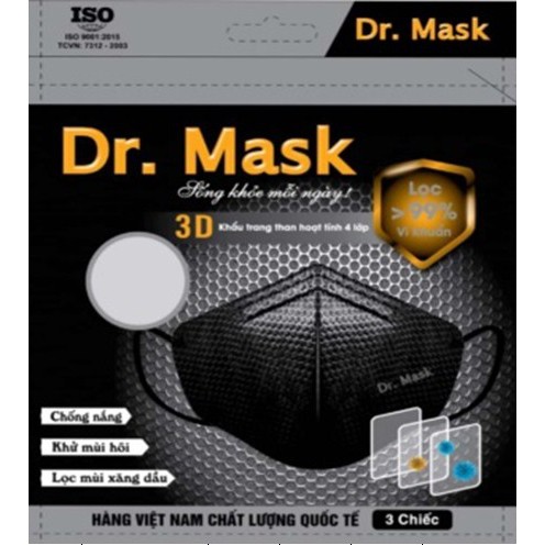 Khẩu trang 3D than hoạt tính 4 lớp Dr.Mask CHÍNH HÃNG (890534)(túi 3 chiếc màu ĐEN )