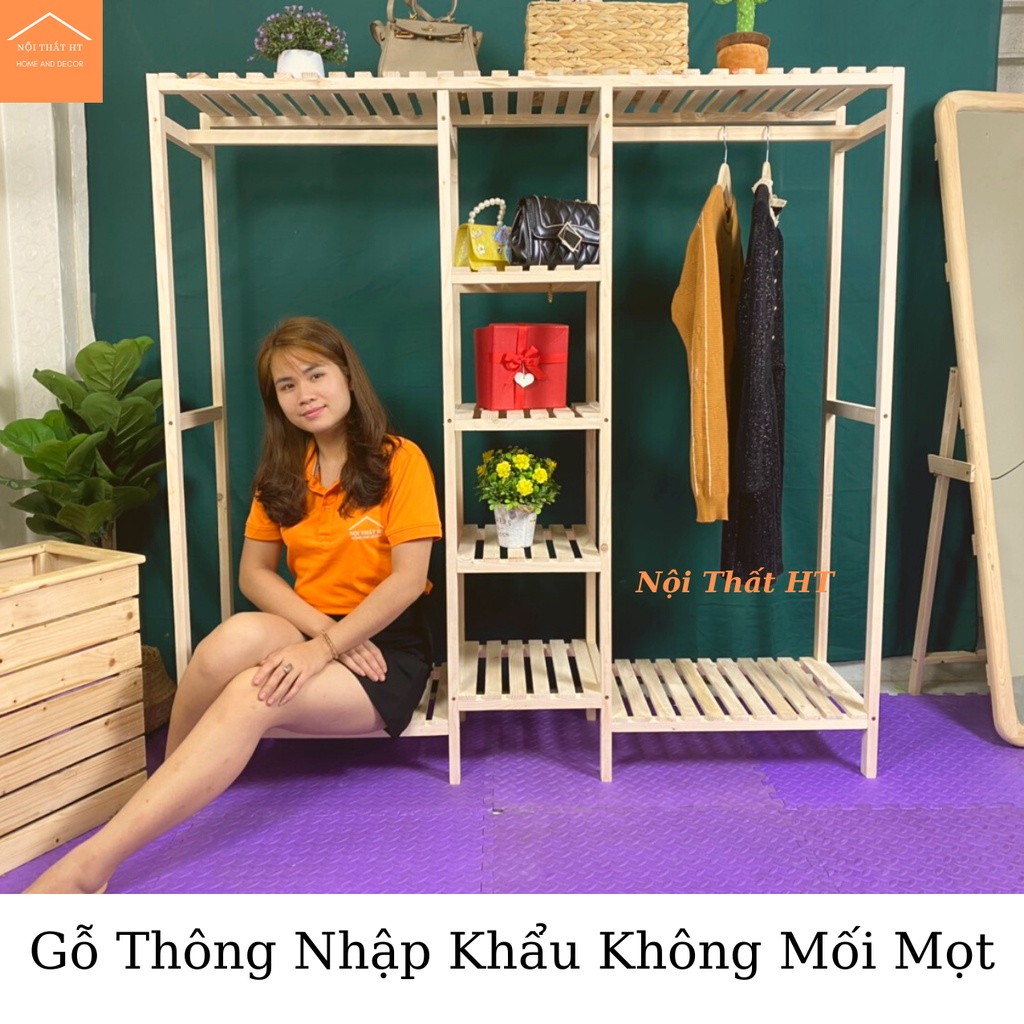 Kệ Treo Quần Áo Gỗ,Tủ Treo Quần Áo 3 Khoang Đa Năng Gỗ Thông Nhập Khẩu, Tặng Kệ Treo Tường - Nội Thất HT