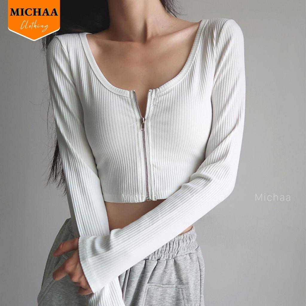 Áo Croptop Tay Dài DÂY KÉO NGỰC Nữ Thun Gân Ulzzang Kiểu Cổ Vuông Đẹp Ôm Body - MICHAA