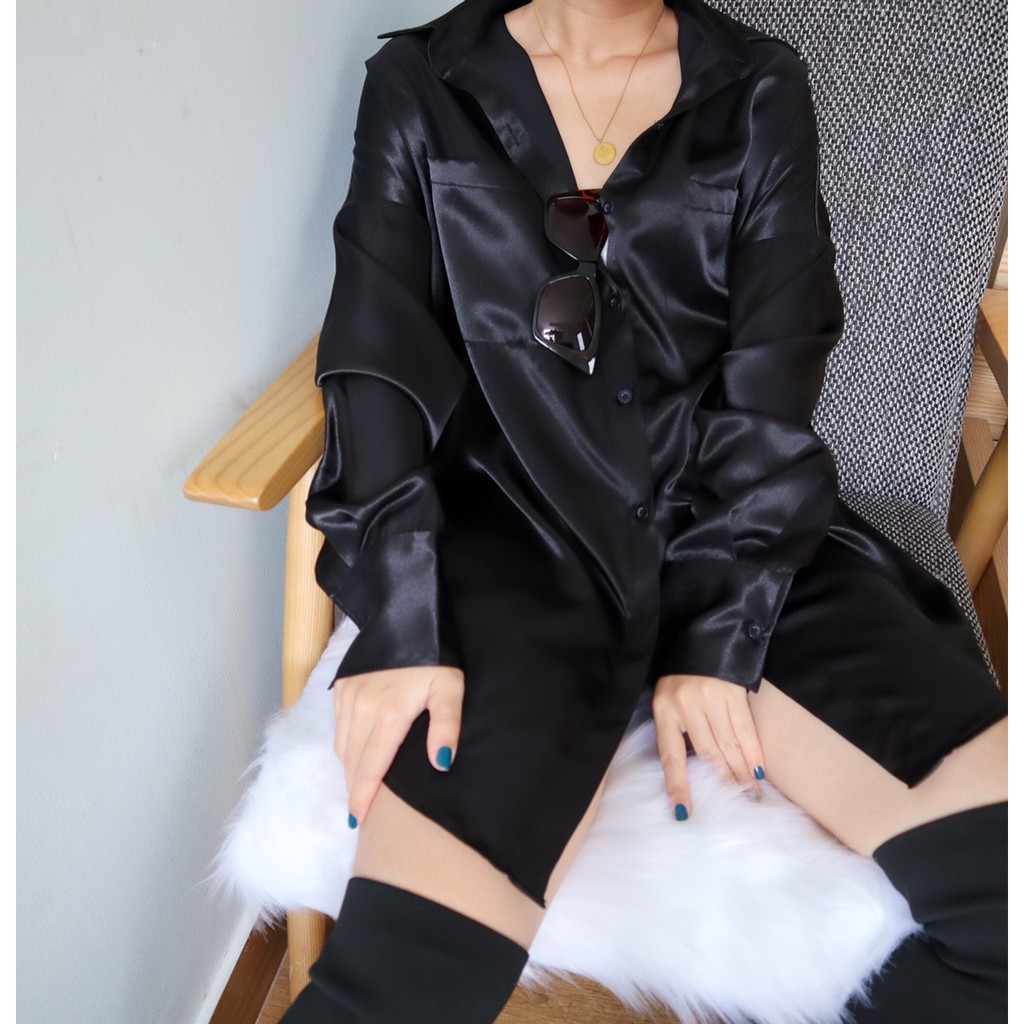 Áo sơ mi tay dài oversize - Đen