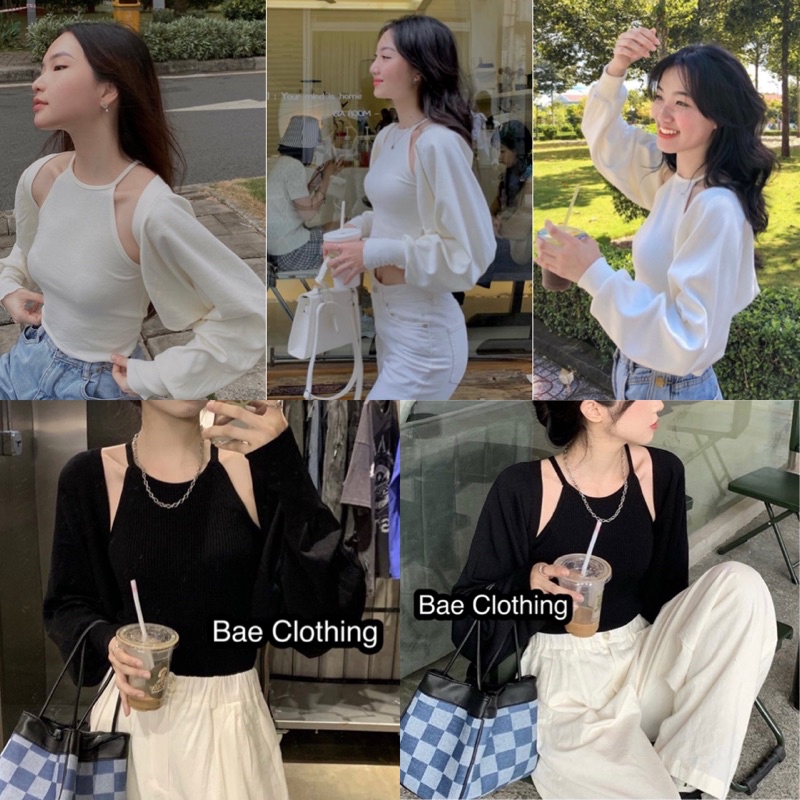 Set Áo khoác và áo yếm SIMO TOP gồm áo khoác croptop tay dài và áo yếm 2 dây xinh xắn với tone màu basic trắng và đen