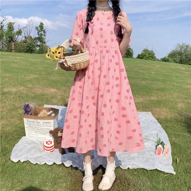 VÁY BABY DOLL TAY PHỒNG, HOẠ TIẾT HỒNG DÂU | BigBuy360 - bigbuy360.vn