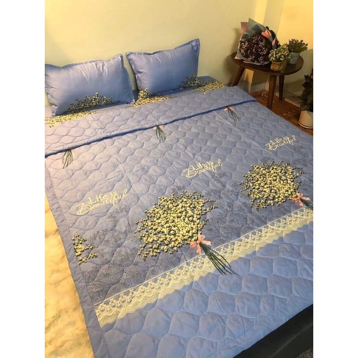 Bộ Chăn Ga Gối Hè Thu 5 Món (Gồm 1 Chăn hè chần bông+ 1 Ga bo chun+ 2 Vỏ gối nằm+1 Vỏ gối ôm)