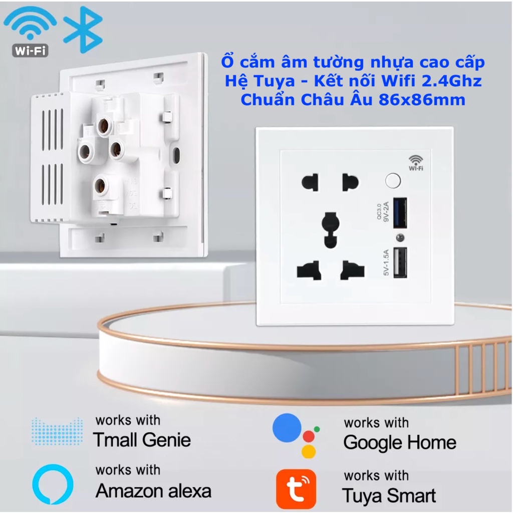 Chuẩn Châu Âu 86x86 mm, ổ cắm âm tường thông minh, kết nối Wifi, hệ Tuya / Smart Life -